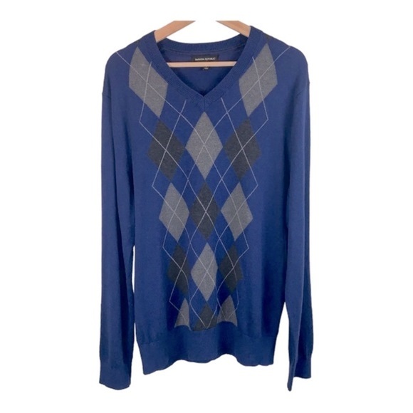 Banana Republic Blue Argyle Cashmere Silk Blend V-Neck Men's Sweater sz L - Picture 1 of 7